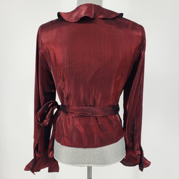 Xscape Wrap Blouse Top 10 Ruffle Trim Long Sleeve Iridescent Maroon Red Holiday - Picture 5 of 9